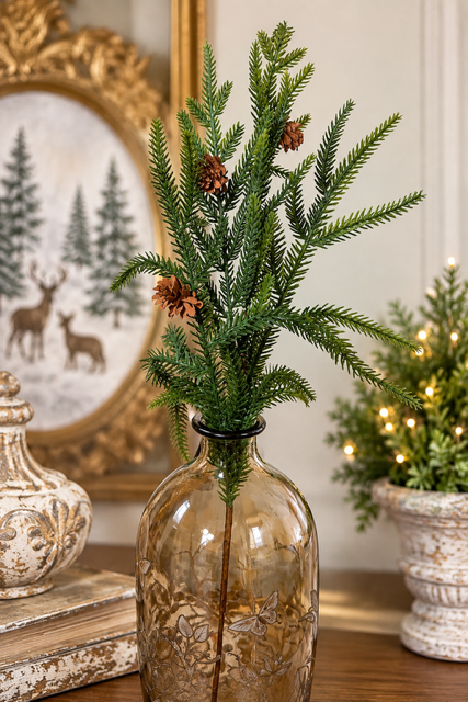 Green artificial pine branches with small brown pinecones arranged in a clear amber glass bottle on a wooden surface, with a framed deer print and a lit Christmas tree in the background.