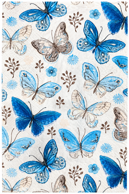 A repeating pattern of blue and gray butterflies with small blue flowers and brown botanical motifs on an off-white background.