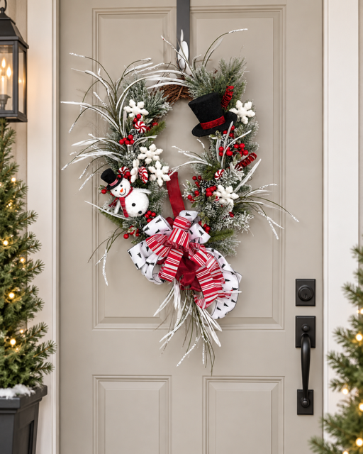 A festive Christmas wreath hanging on a beige front door, decorated with faux greenery, white snowflakes, red berries, a small black top hat, a snowman ornament, and a large red-and-white striped bow.