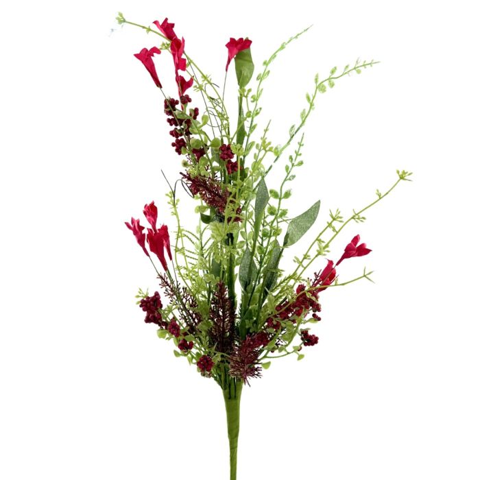 Artificial flower arrangement with red and green flowers on a white background
