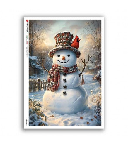 Snowman with a red scarf and top hat in a snowy landscape with a cardinal bird.