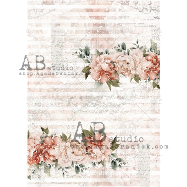 AB Studios-Coral Roses and Stripes A4 Rice Paper-8.3"x11.7"