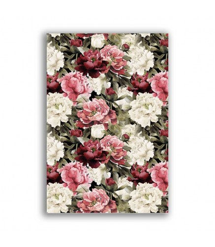 Floral pattern with pink, red, and white flowers on a white background
