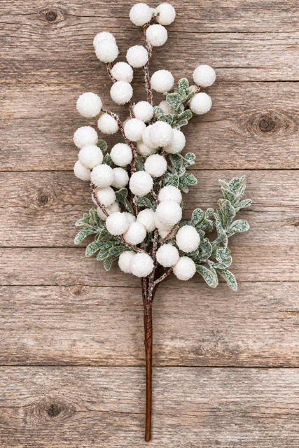 White glitter greenery stem on a wood background