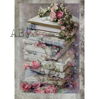 AB Studios-Shabby Chic Stack of Books A4 Rice Paper-8.3"x11.7"