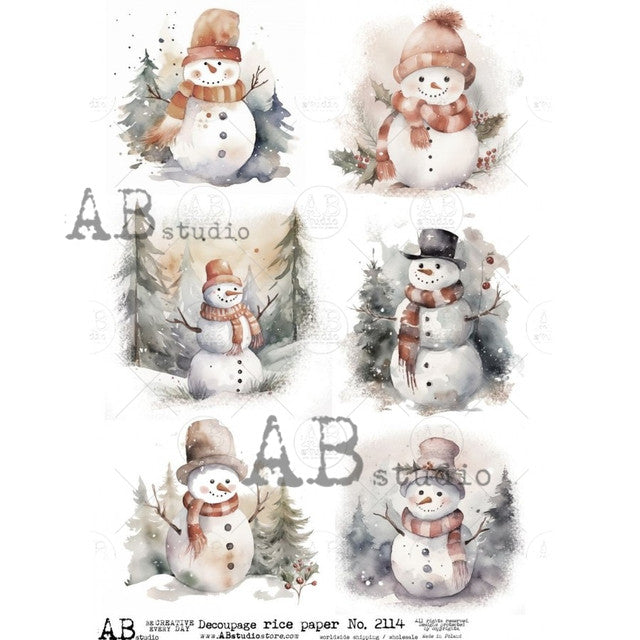 AB Studios-Watercolor Snowman Ornament Rounds A4 Rice Paper A4 Rice Paper-8.3"x11.7"