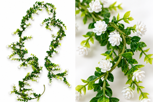 greenery garland with little white flowers on a white background