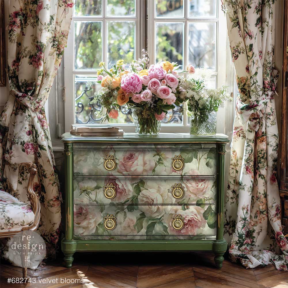 pastel pink roses with sage green leaves decoupage paper on a 3 drawer dresser with the image on the drawer fronts