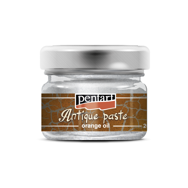 A jar of Pentart Antique Paste in orange color, with the label showing the product name and the brand logo. It comes in multiple colors. 