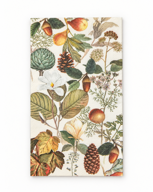 A rectangular kitchen towel or cloth featuring a vintage botanical illustration print with pinecones, acorns, leaves, and flowers on an off-white background.