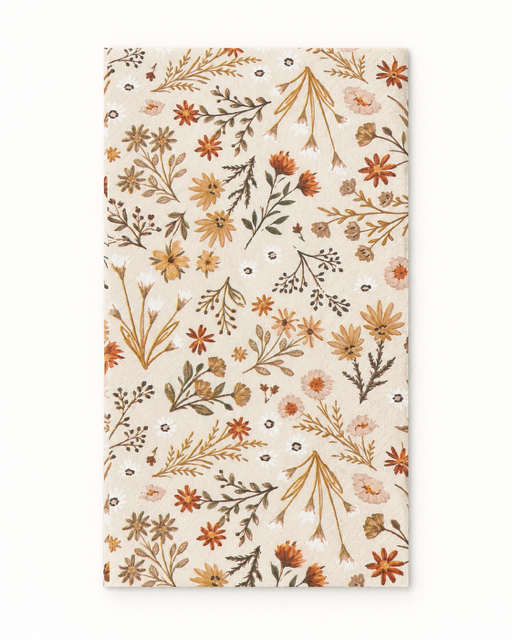 A rectangular cream-colored fabric item, likely a tea towel or napkin, featuring an all-over botanical pattern of wildflowers in muted orange, brown, and olive green tones.