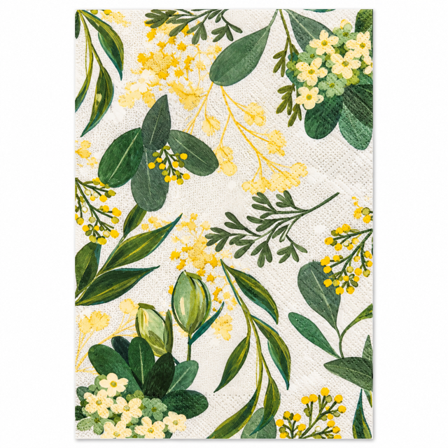 A rectangular fabric napkin with a botanical pattern featuring green leaves and yellow flowers on an off-white background.