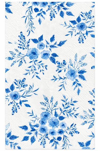 White paper napkins with a blue floral toile-style pattern, featuring watercolor-style flowers and leaves.
