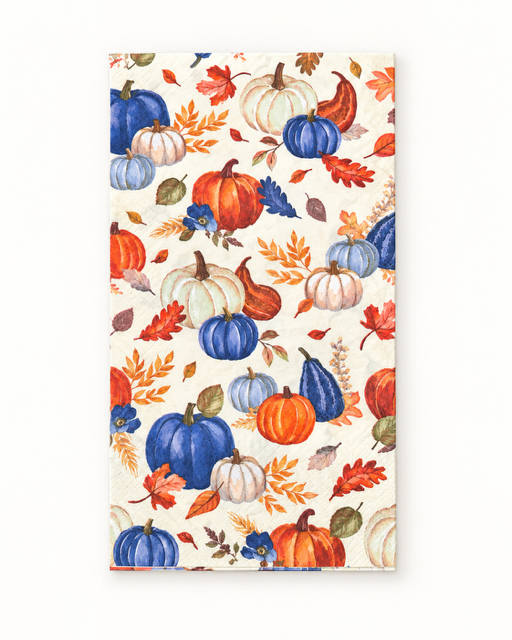 A rectangular fabric item, likely a tea towel or kitchen towel, featuring a watercolor autumn pattern of pumpkins, gourds, leaves, and acorns on an off-white background.