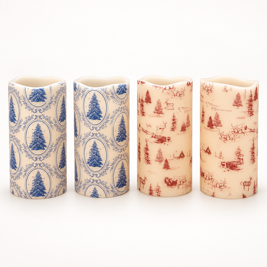 Handmade 3"x6" battery operated decoupage timer pillar candles featuring blue Christmas tree toile and vintage red Christmas scene designs.