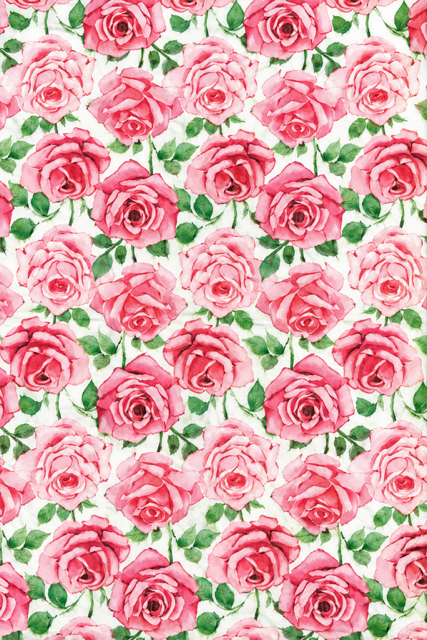 A repeating watercolor floral pattern of pink roses with green leaves on a white background.