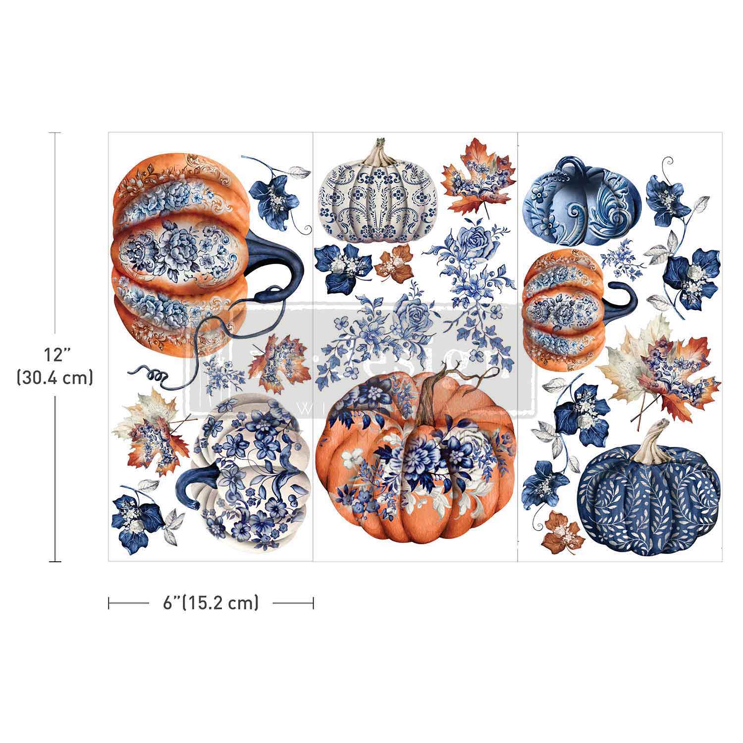 image of all 3 sheets of the transfer with pumpkins with a chinoiserie pattern.