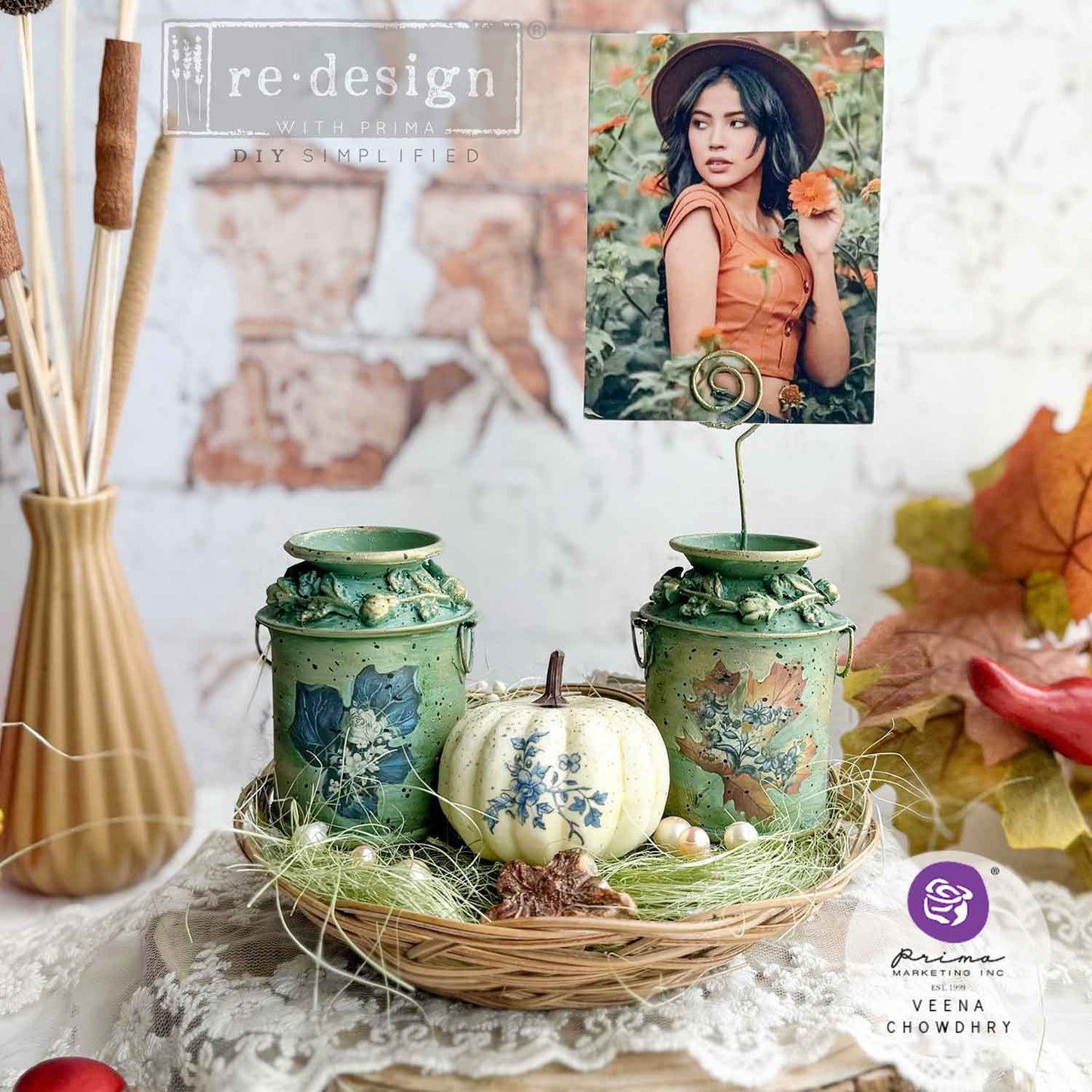 2 vases and a pumpkin with pieces of the fall chinoiserie pattern. 