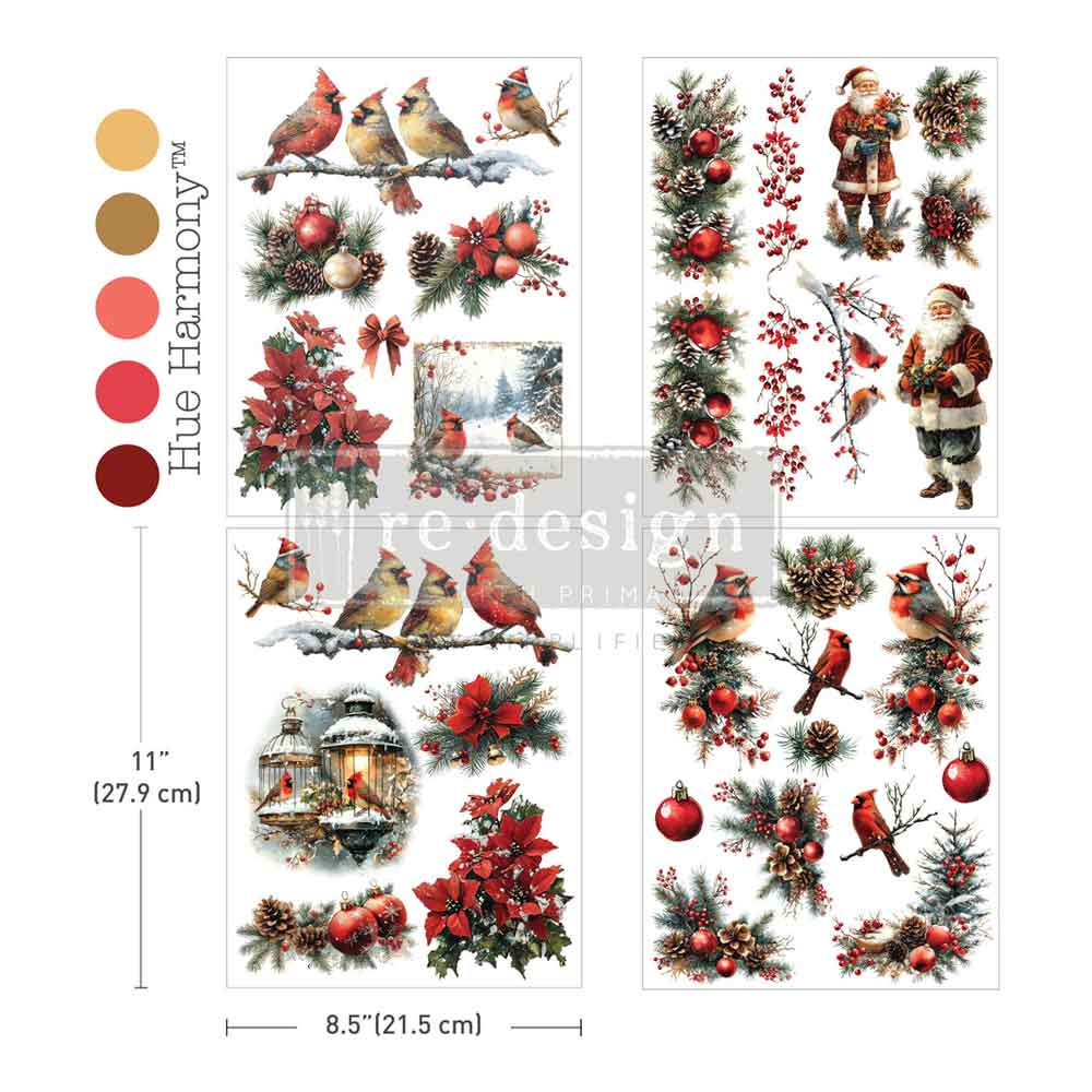 Sheet of Christmas-themed stickers with birds, Santa Claus, and winter elements on a white background.