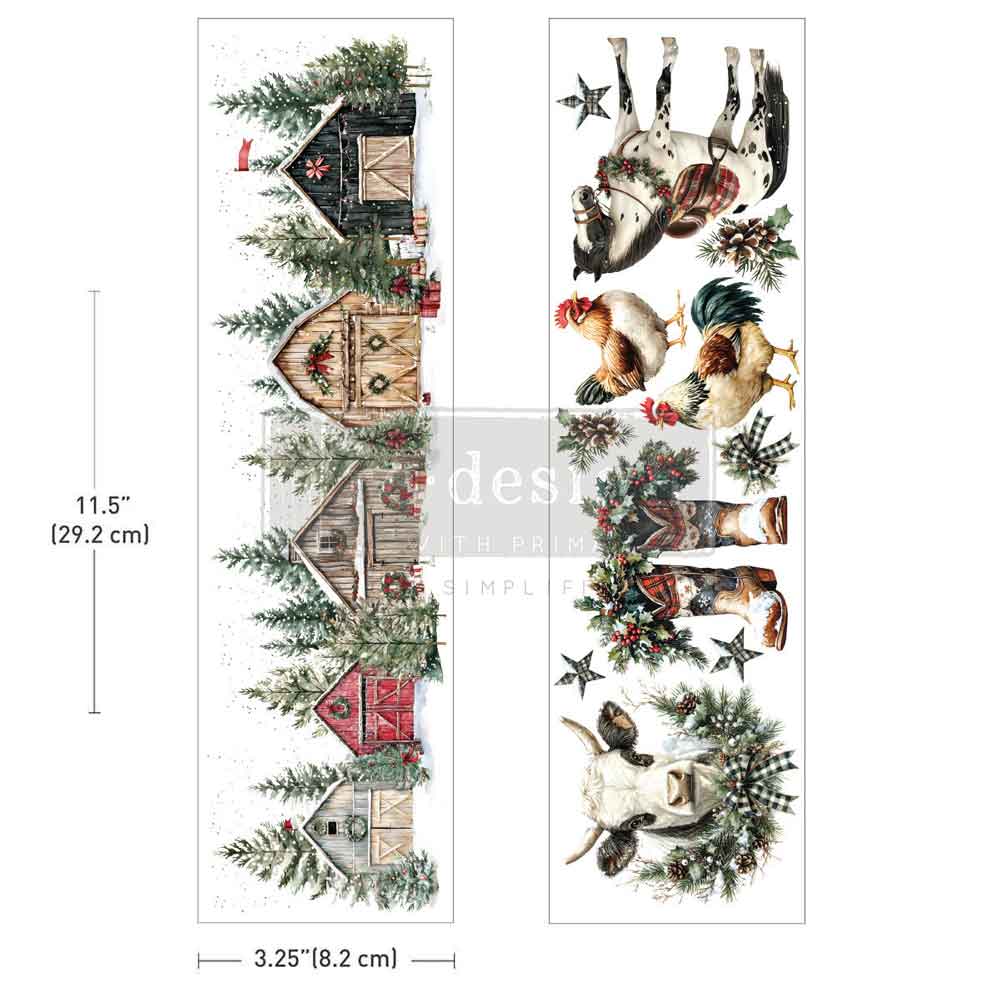 Decorative border with Christmas elements including trees, houses, and animals on a white background.