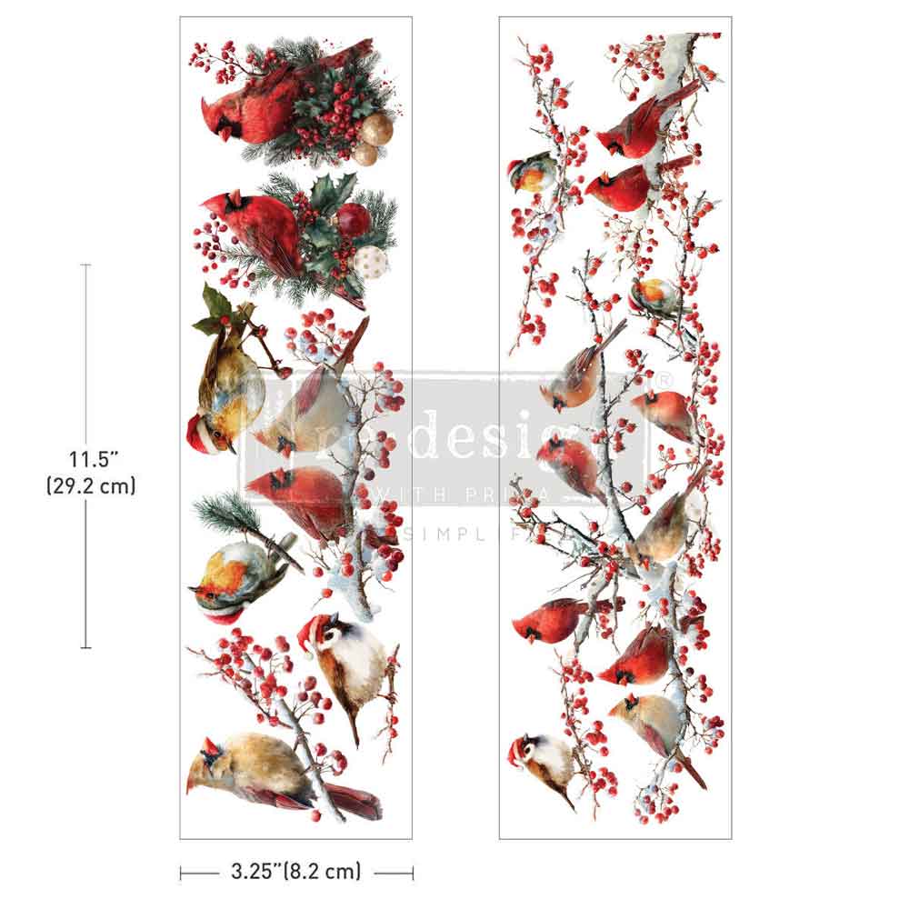 Decorative design of cardinals and berries with measurements on a white background