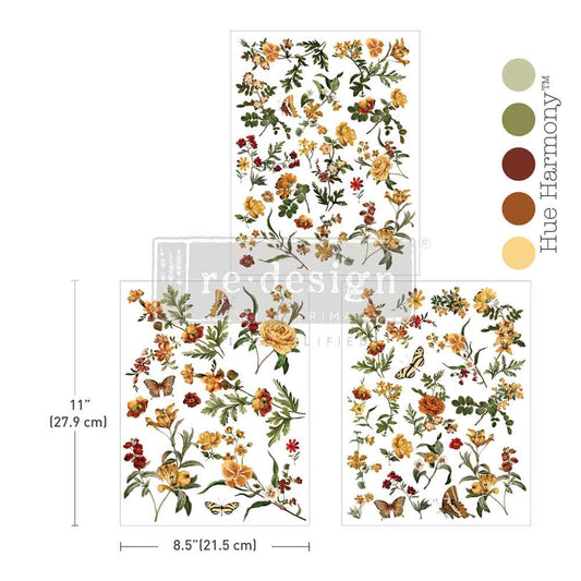 Floral decal sheet with measurements and brand name on a white background