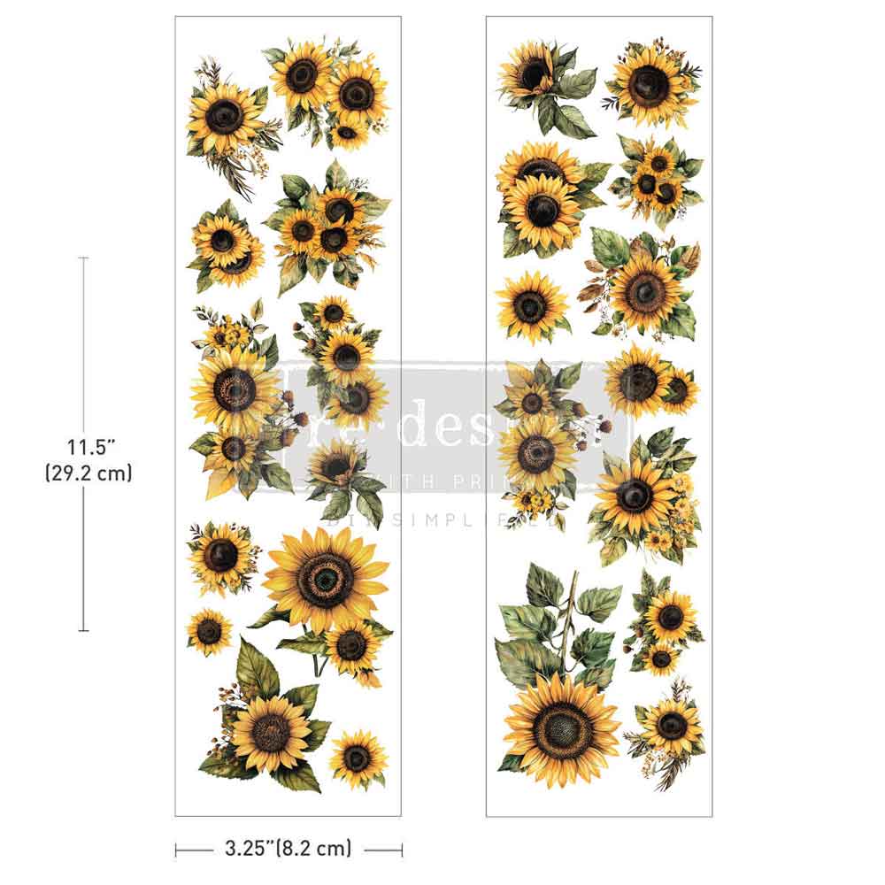 Sunflower decals with dimensions on a white background