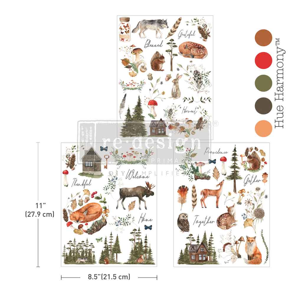 Woodland-themed sticker sheet with animals, nature elements, and text on a white background.
