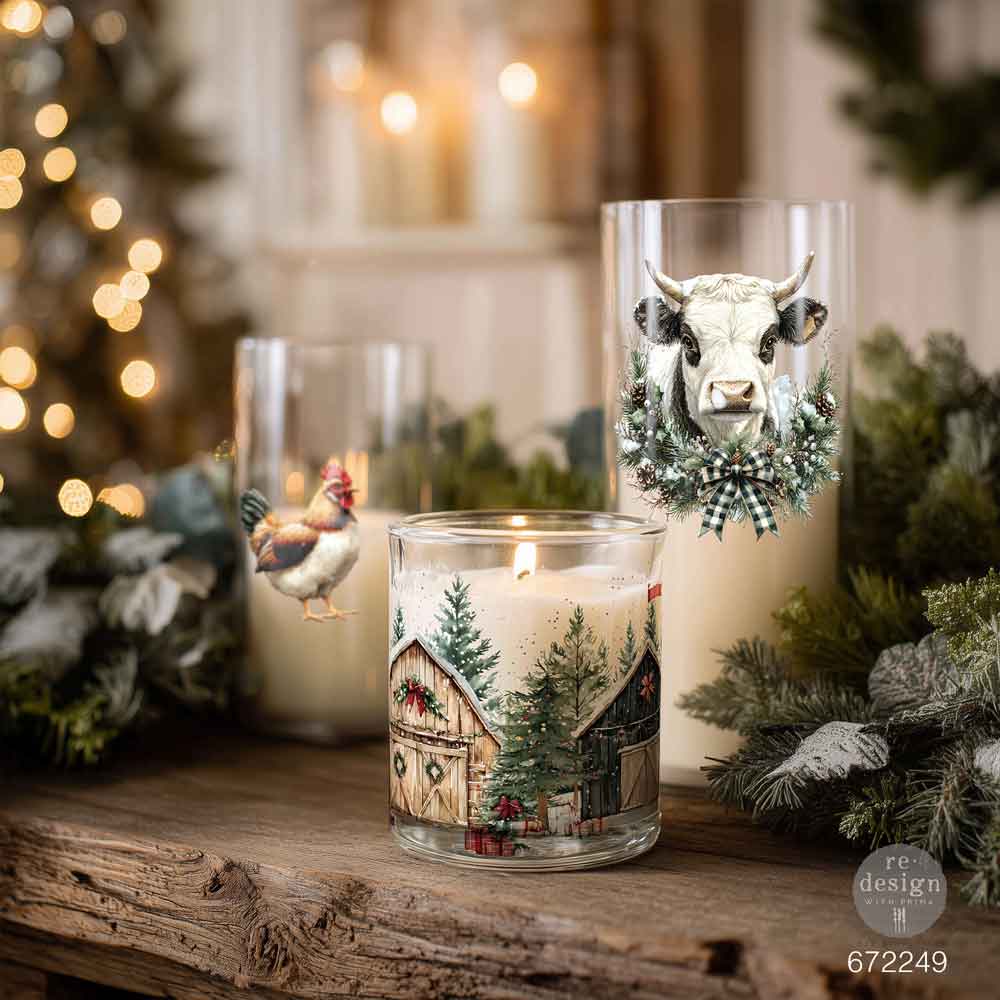 Decorative candles with animal-themed designs on a wooden surface with festive background