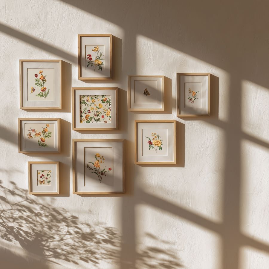 Set of framed botanical prints on a wall with sunlight casting shadows.