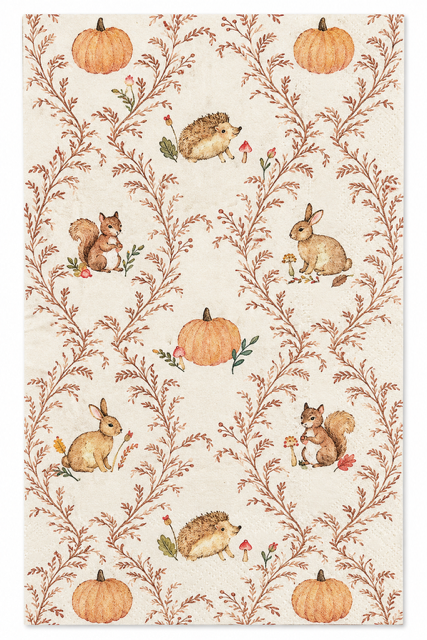 A repeating autumn-themed pattern on a cream background featuring pumpkins, rabbits, squirrels, hedgehogs, and brown leafy vines with small mushrooms.