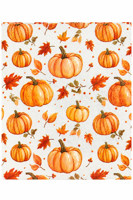 A square textile or fabric sample featuring a repeating autumn pattern of orange pumpkins, red and orange maple leaves, and small orange dots on an off-white background.