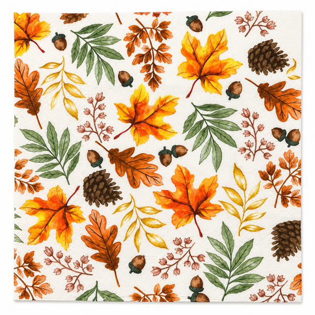 A square fabric napkin or paper towel featuring a repeating watercolor autumn pattern of orange and yellow maple leaves, green and brown leaves, pinecones, acorns, and small pinkish-brown berry clusters on an off-white background.