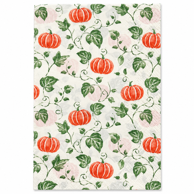 A rectangular kitchen towel or napkin featuring a repeating watercolor-style pattern of orange pumpkins, green ivy vines, and leaves on a warm off-white background.