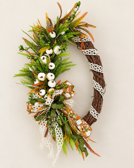 An autumn-themed grapevine wreath decorated with green pine needles, orange and brown faux leaves, white cotton bolls, white lace ribbon, and a patterned orange and white bow, shown against a plain light beige background.