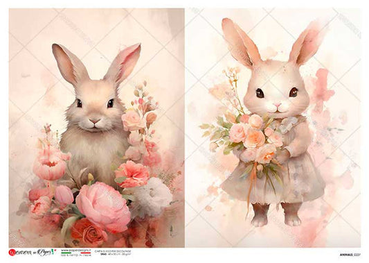 Paper Designs Two Floral Bunnies Rice Paper-A4