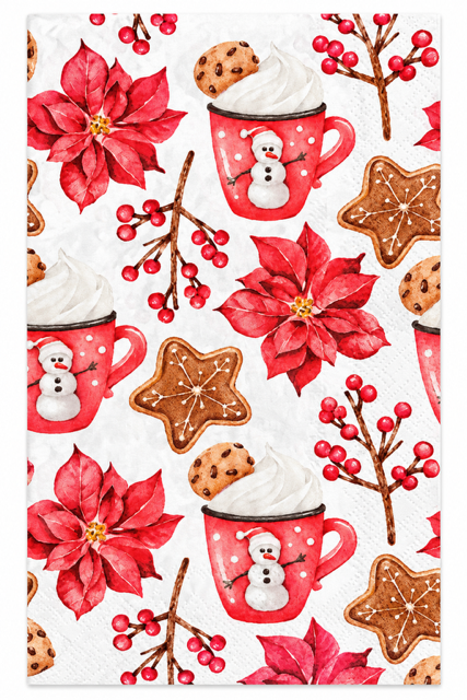 A festive holiday-themed pattern featuring red poinsettias, red mug-with-whipped-cream-and-snowman motifs, brown gingerbread cookies, and red berries on a white background.