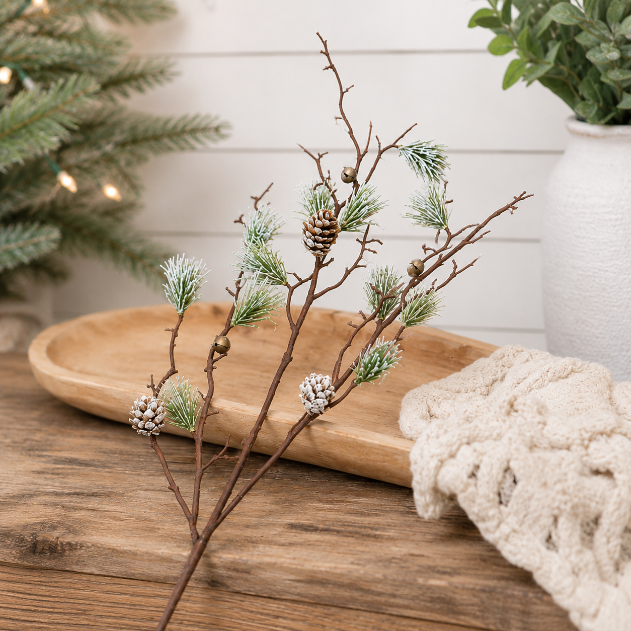 28" Pine Spray W/Pine Cone, Bell-Green/White propped us against a dough bowl for staging,