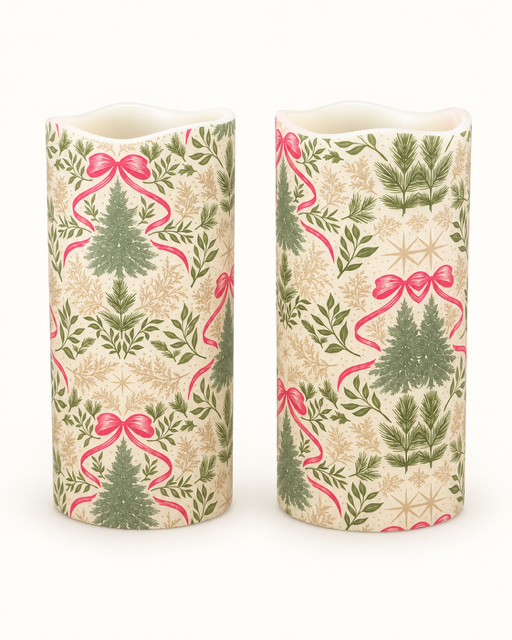 Handmade 3"x6" battery operated decoupage timer pillar candles with green Christmas trees, botanical greenery, gold accents, and red ribbon bows.