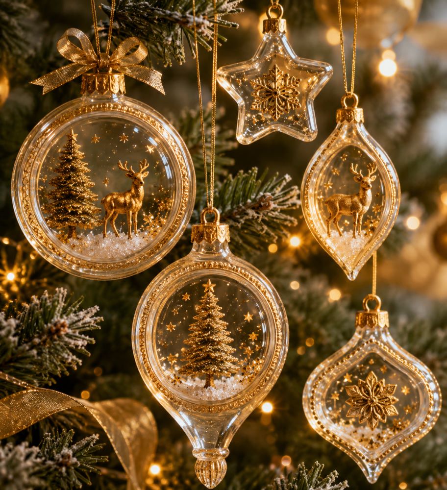 Decorative Christmas ornaments with reindeer and trees on a tree with lights in the background