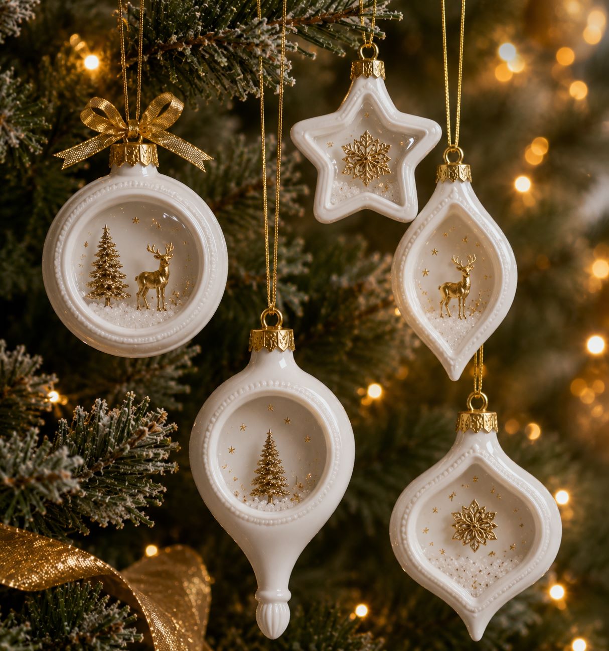 Decorative Christmas ornaments on a tree with gold accents