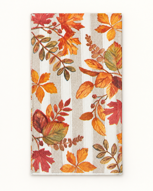 A rectangular kitchen towel with an autumn leaf pattern on a striped beige and white background, shown flat against a white backdrop.