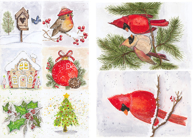 A set of four decoupage patterns featuring a red bird, a green and red wreath, a white and red Christmas tree, and a brown birdhouse with a blue tit. All patterns have a festive, holiday theme.