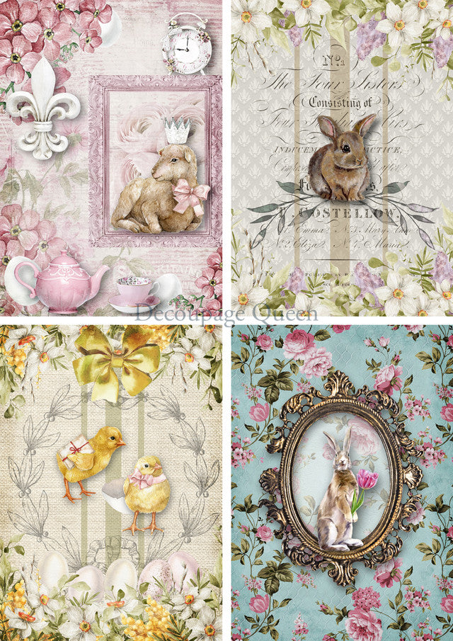 A collection of four decoupage papers with various Easter-themed illustrations, including bunny, chick, and duck motifs, surrounded by floral patterns.