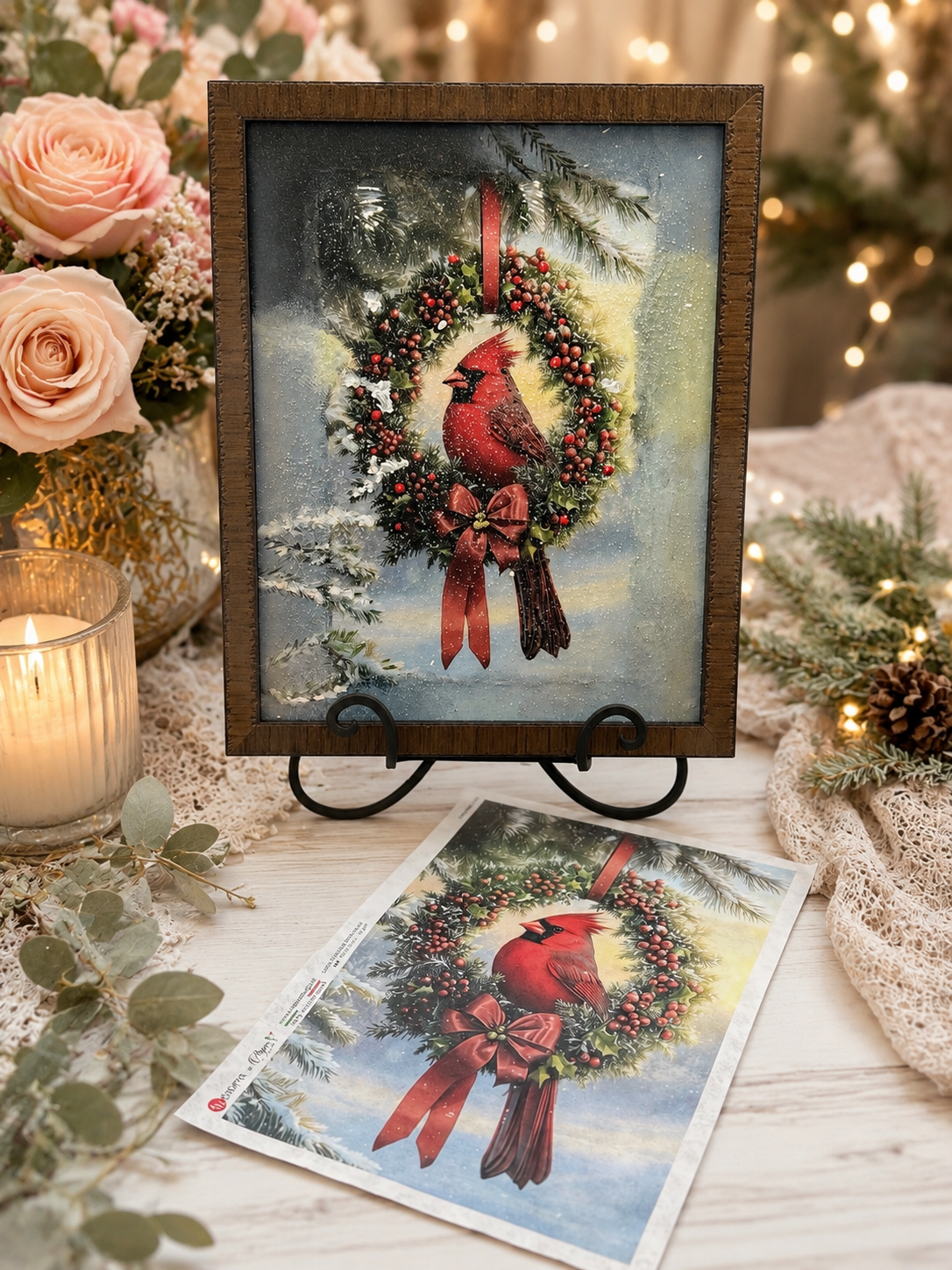 A framed Christmas art print featuring a red cardinal perched on a red berry wreath, displayed on a tabletop with a matching print laid in front. The scene is styled with a candle, flowers, greenery, and warm string lights in the background.
