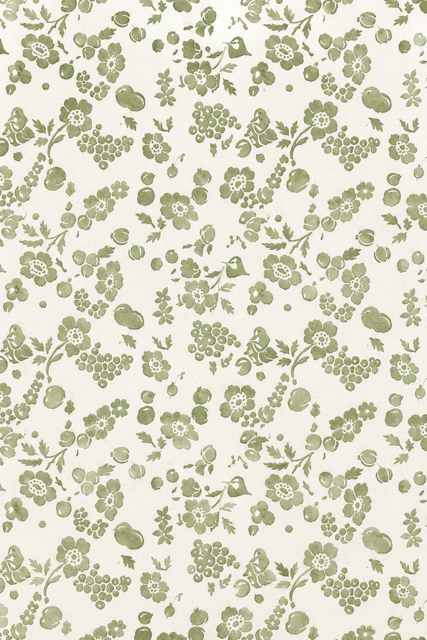 A repeating floral and fruit pattern in muted sage green on a warm off-white background, shown as a full-frame closeup of the surface design.