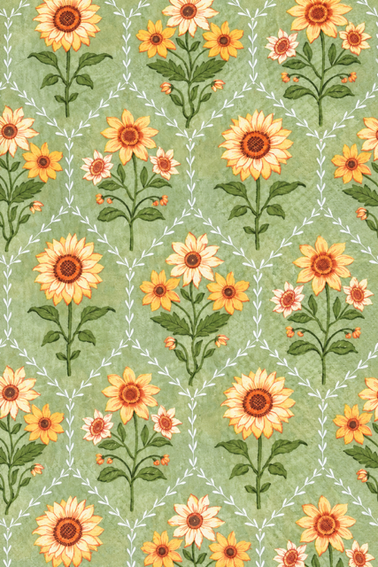 A repeating floral pattern featuring yellow and orange sunflowers with green stems on a light sage green background, separated by a white dotted trellis design.