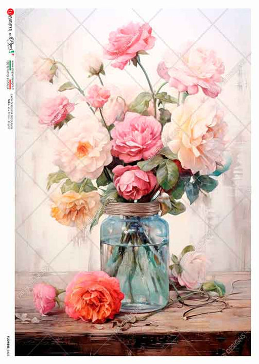 Paper Designs Pink Bouquet in a Blue Jar A4 Rice Paper