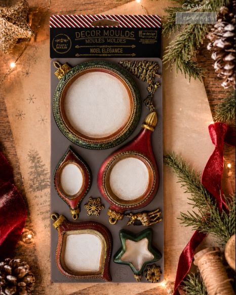 Decorative moulds packaging with Christmas-themed design on a festive background