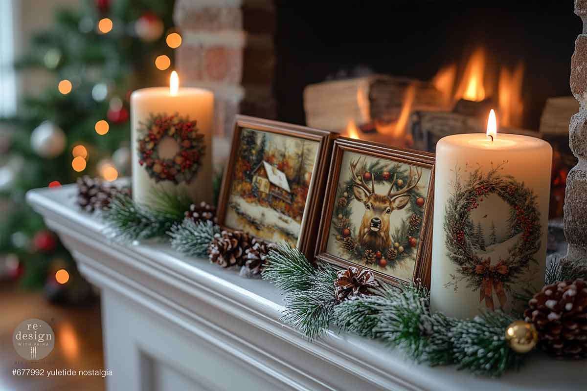 Crackling fires, vintage Santas, snow-covered cabins, and wreaths bursting with red poinsettias—the Yuletide Nostalgia Middy Transfers® captures everything we love about a classic Christmas. These beautifully detailed illustrations bring warmth, tradition, and that familiar holiday feeling to candles, trays, furniture, and seasonal décor.
HOW TO USE: Simply press the Yuletide Nostalgia Middy Transfer onto your clean surface and rub gently to reveal timeless Christmas scenes in soft, glowing color.
Only by R